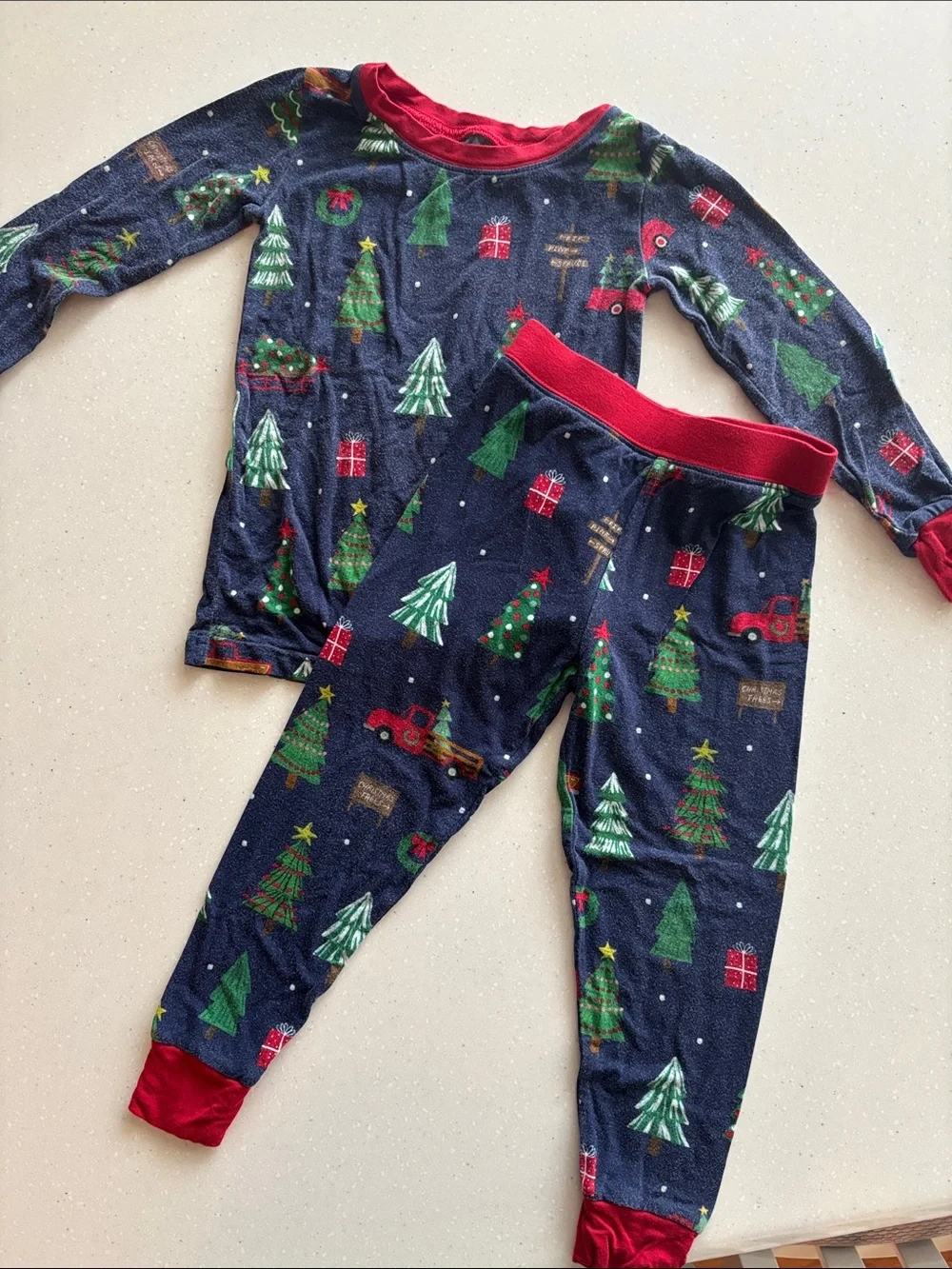 Little Sleepies Kids Navy Christmas Tree Pajama Set with Red Trim